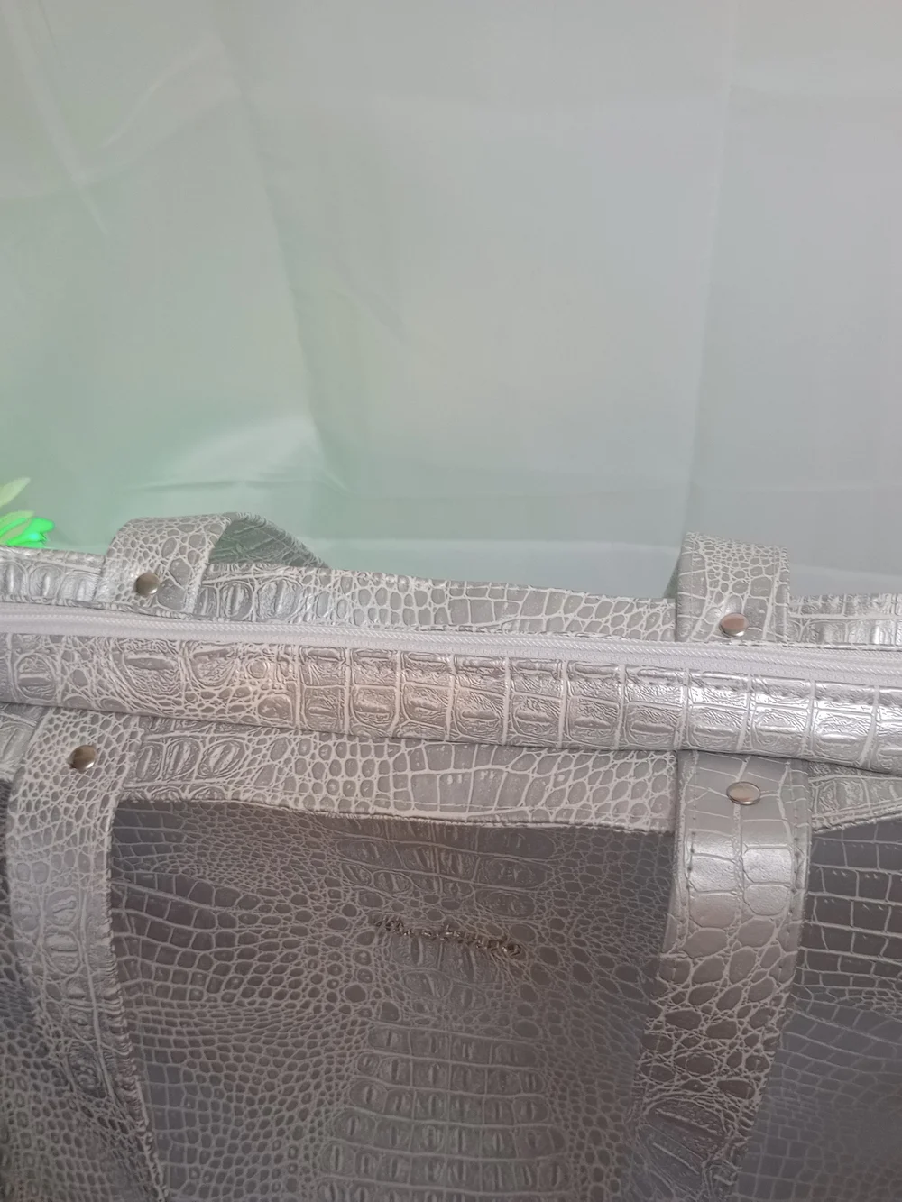 Handmade Silver Croc-Embossed Laptop Bag, Tote with Removable Bow Keychain Charm